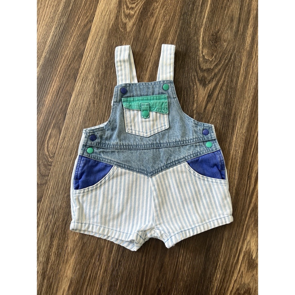 Baby Kisses Denim Overalls‎ Striped Colorblock 12m Vintage